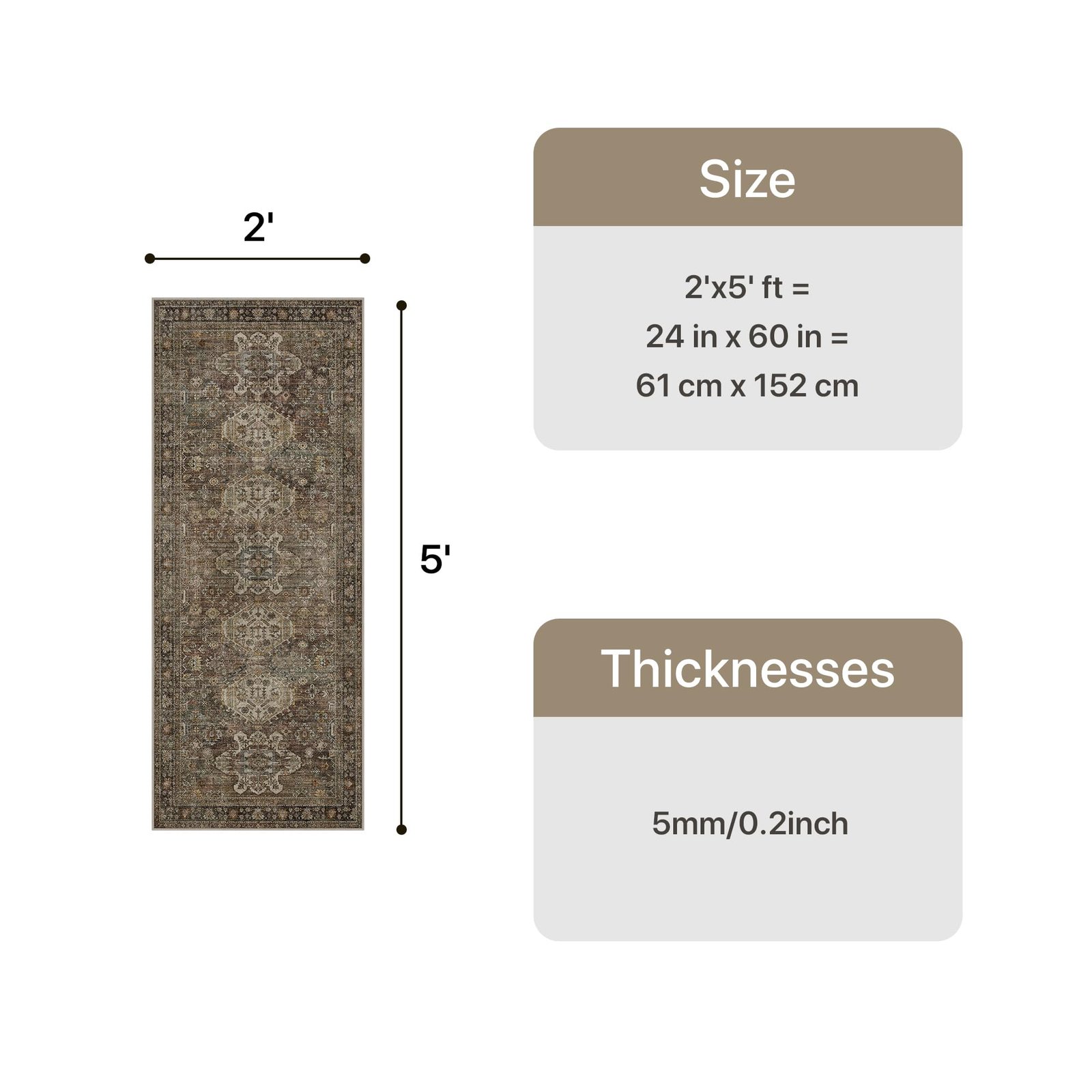 DAIMYO HILLS Washable Runner Rug 2x5, Non Slip Vintage Hallway Runner, Ultra Thin Low Pile Washable Carpet for Kitchen Entryway Bedroom, Brown - Image 184
