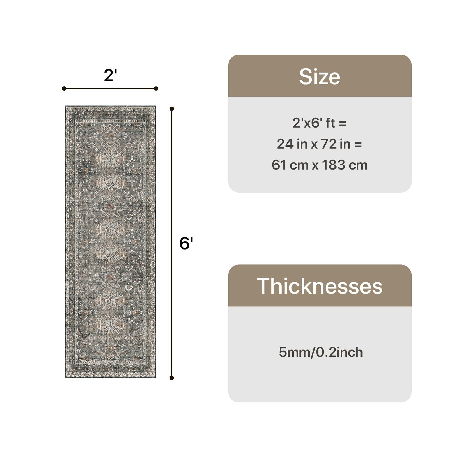 DAIMYO HILLS Washable Runner Rug 2x5, Non Slip Vintage Hallway Runner, Ultra Thin Low Pile Washable Carpet for Kitchen Entryway Bedroom, Brown - Image 74