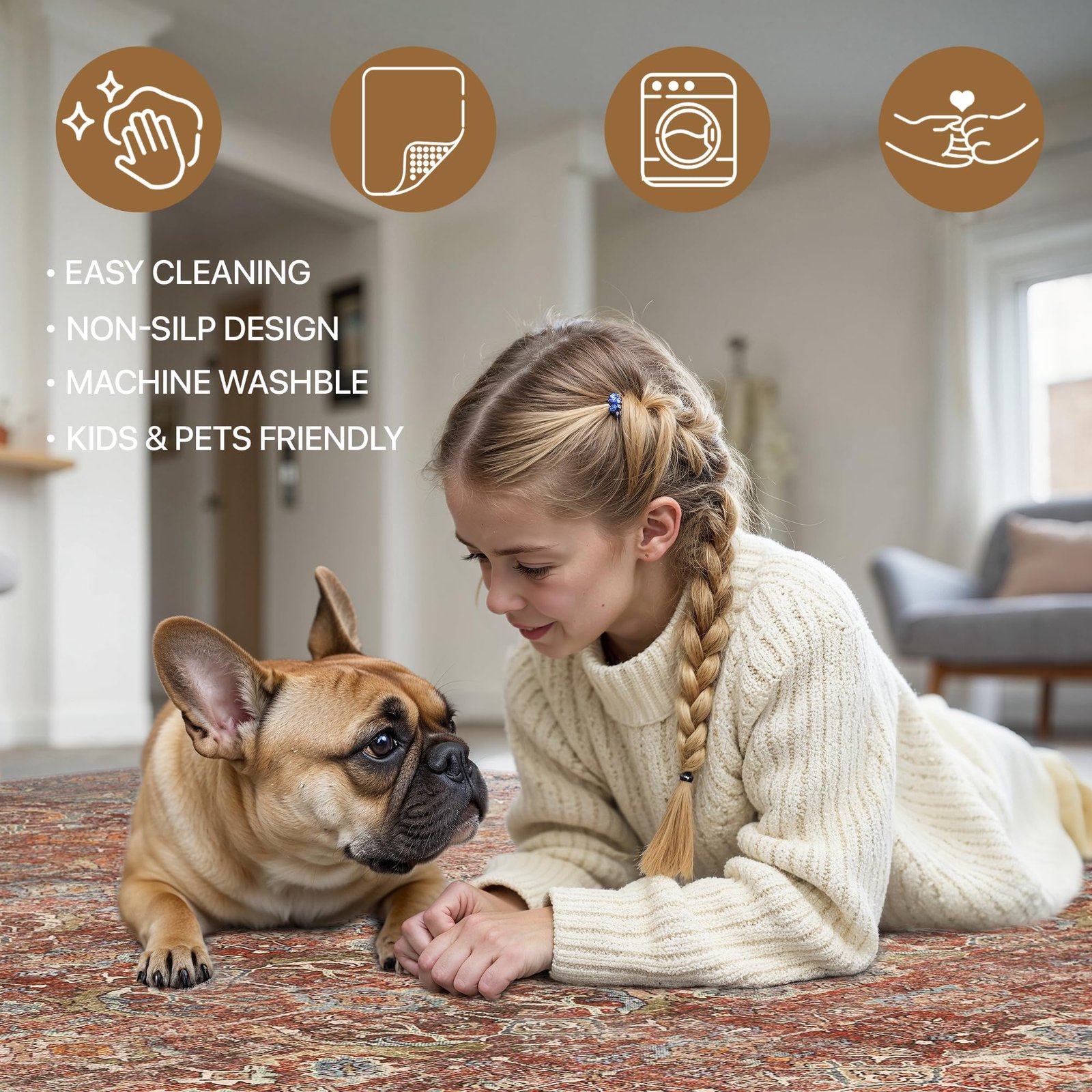 5x7 Area Rug Machine Washable Boho Rug for Living Room,Ultra-Thin Low Pile Carpet,Lightweight Printed Rug,Non Slip Floral Area Rug for Bedroom, Dining Room, Home Office,Terracotta/Indigo - Image 5