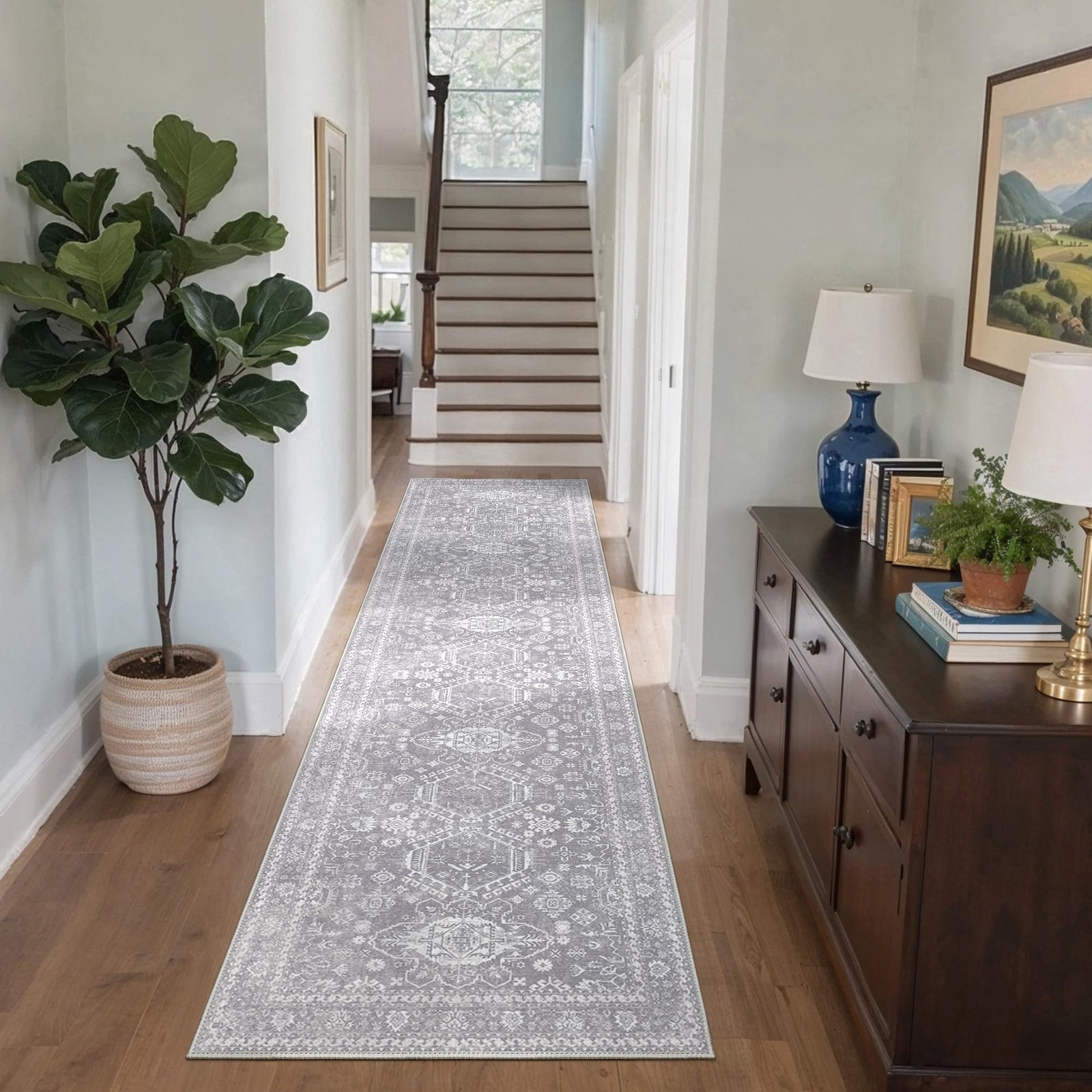 DAIMYO HILLS Washable Runner Rug 2x5, Non Slip Vintage Hallway Runner, Ultra Thin Low Pile Washable Carpet for Kitchen Entryway Bedroom, Brown - Image 240