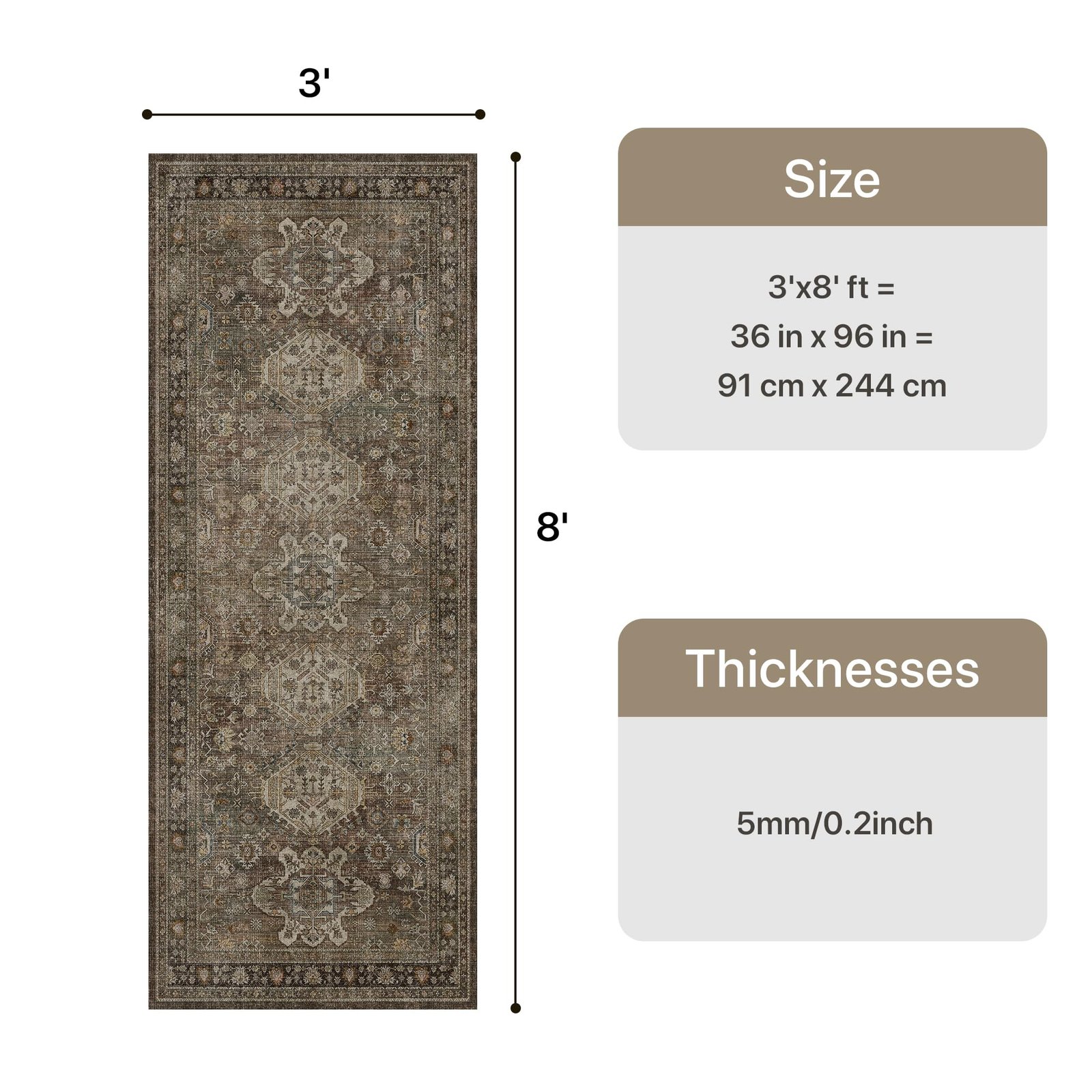 DAIMYO HILLS Washable Runner Rug 2x5, Non Slip Vintage Hallway Runner, Ultra Thin Low Pile Washable Carpet for Kitchen Entryway Bedroom, Brown - Image 339
