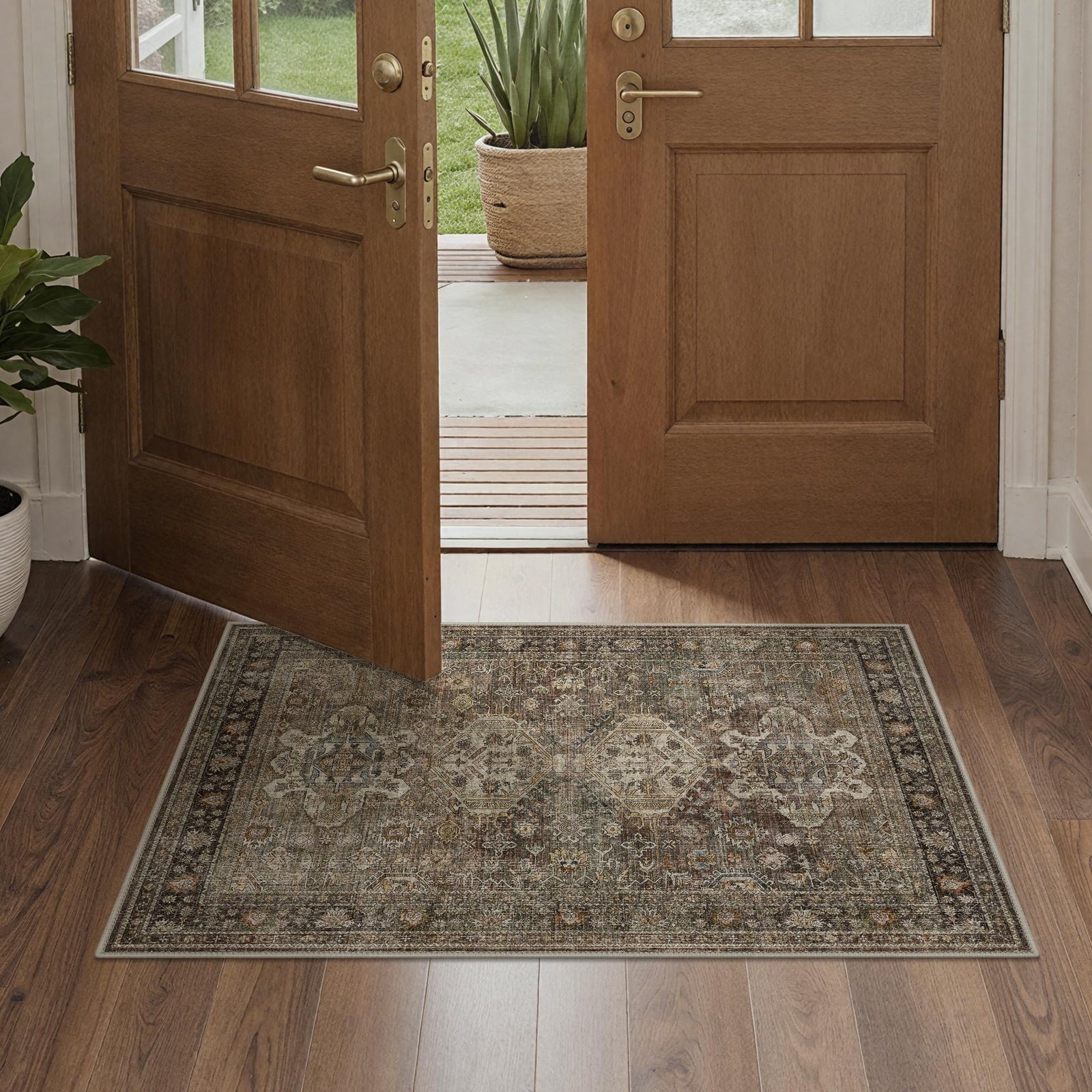 DAIMYO HILLS Washable Runner Rug 2x5, Non Slip Vintage Hallway Runner, Ultra Thin Low Pile Washable Carpet for Kitchen Entryway Bedroom, Brown - Image 230