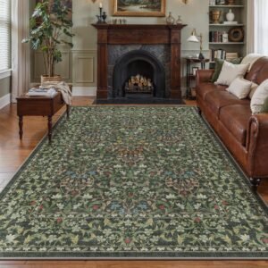DAIMYO HILLS Floral Dark Green Area Rugs 8x10, Vintage Boho Carpet Machine Washable, Non Slip Soft Low Pile Thin Rug for Bedroom, Living Room, Dining Room, Nursery