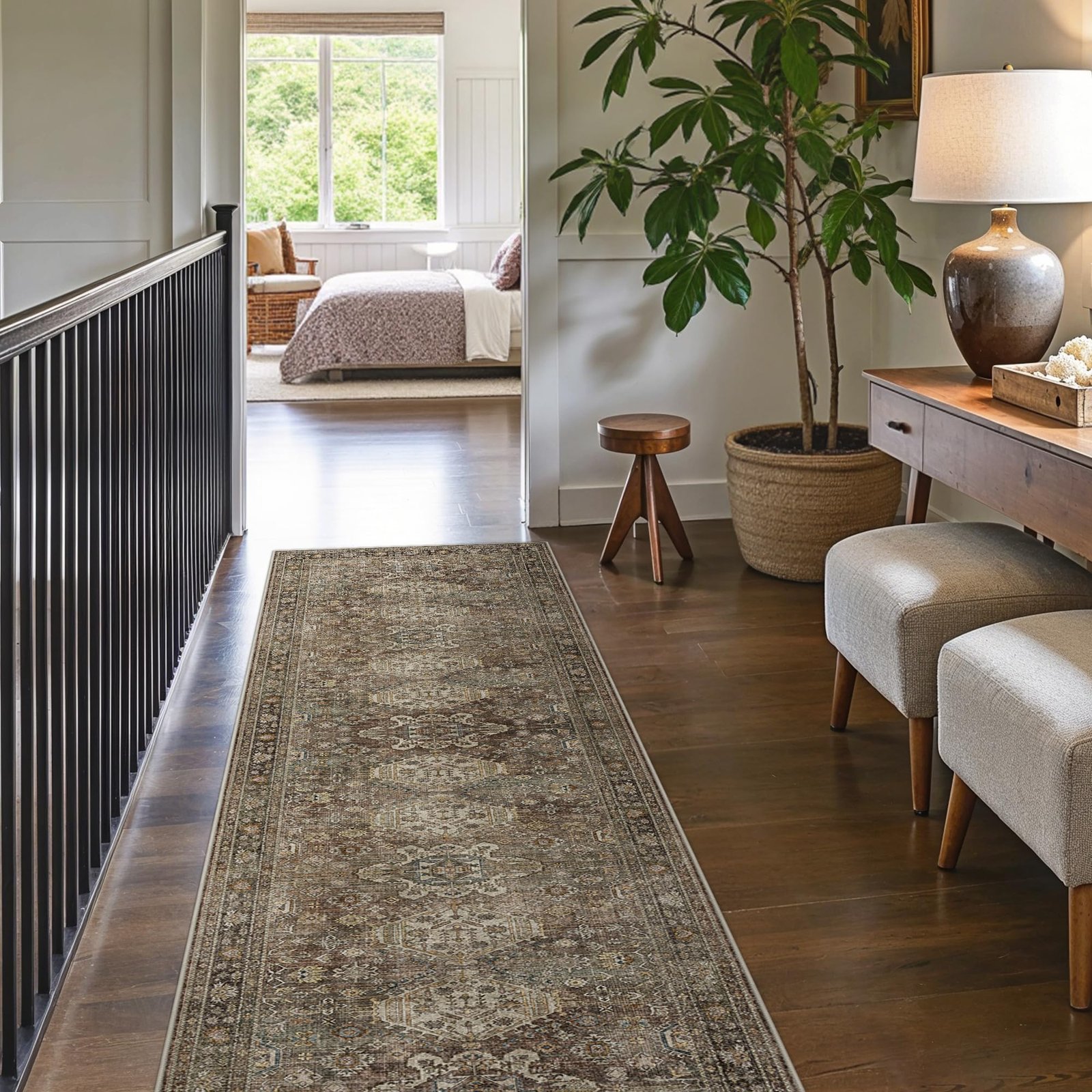 DAIMYO HILLS Washable Runner Rug 2x5, Non Slip Vintage Hallway Runner, Ultra Thin Low Pile Washable Carpet for Kitchen Entryway Bedroom, Brown - Image 81