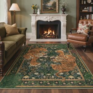 DAIMYO HILLS Tiger Area Rugs 5x7, Boho Vintage Oriental Living Room Rug, Non Slip Washable Rug Stain Resistant, Low Pile Thin Soft Green Rug, Botanical Animal Carpet for Bedroom, Dining Room, Office, Dorm
