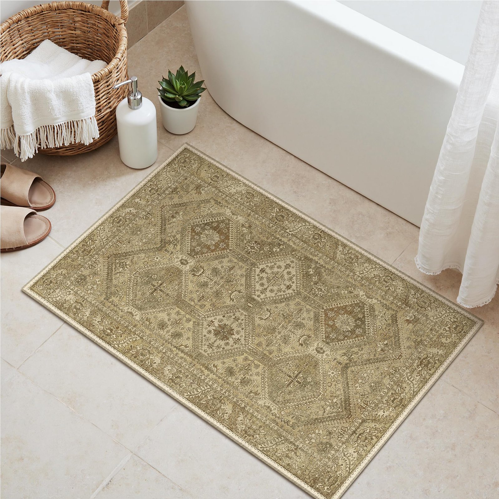 DAIMYO HILLS Washable Runner Rug 2x5, Non Slip Vintage Hallway Runner, Ultra Thin Low Pile Washable Carpet for Kitchen Entryway Bedroom, Brown - Image 141