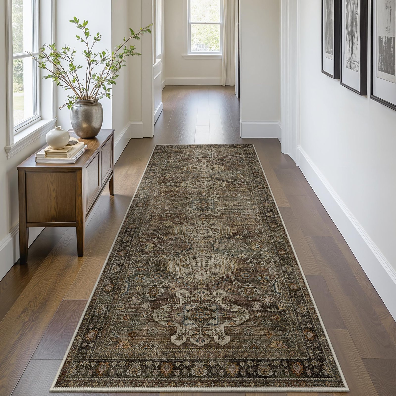 DAIMYO HILLS Washable Runner Rug 2x5, Non Slip Vintage Hallway Runner, Ultra Thin Low Pile Washable Carpet for Kitchen Entryway Bedroom, Brown - Image 149