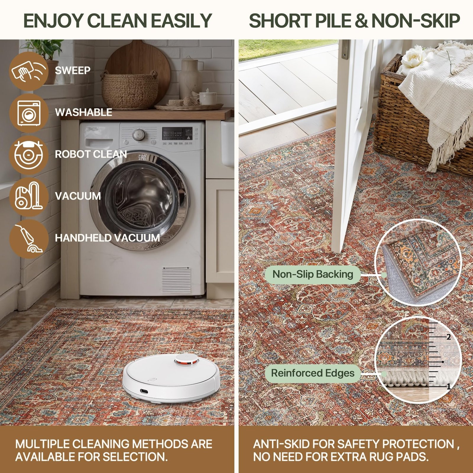 5x7 Area Rug Machine Washable Boho Rug for Living Room,Ultra-Thin Low Pile Carpet,Lightweight Printed Rug,Non Slip Floral Area Rug for Bedroom, Dining Room, Home Office,Terracotta/Indigo - Image 6