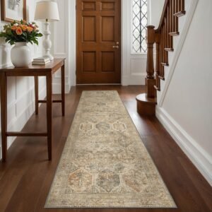 DAIMYO HILLS 2x5 Runner Rug Vintage Distressed Print Ultra-Thin Chenille Machine Washable Hallway Bedroom Kitchen Entrance Accent Rug, Low Pile Lightweight Non Slip with Gripper, Wood