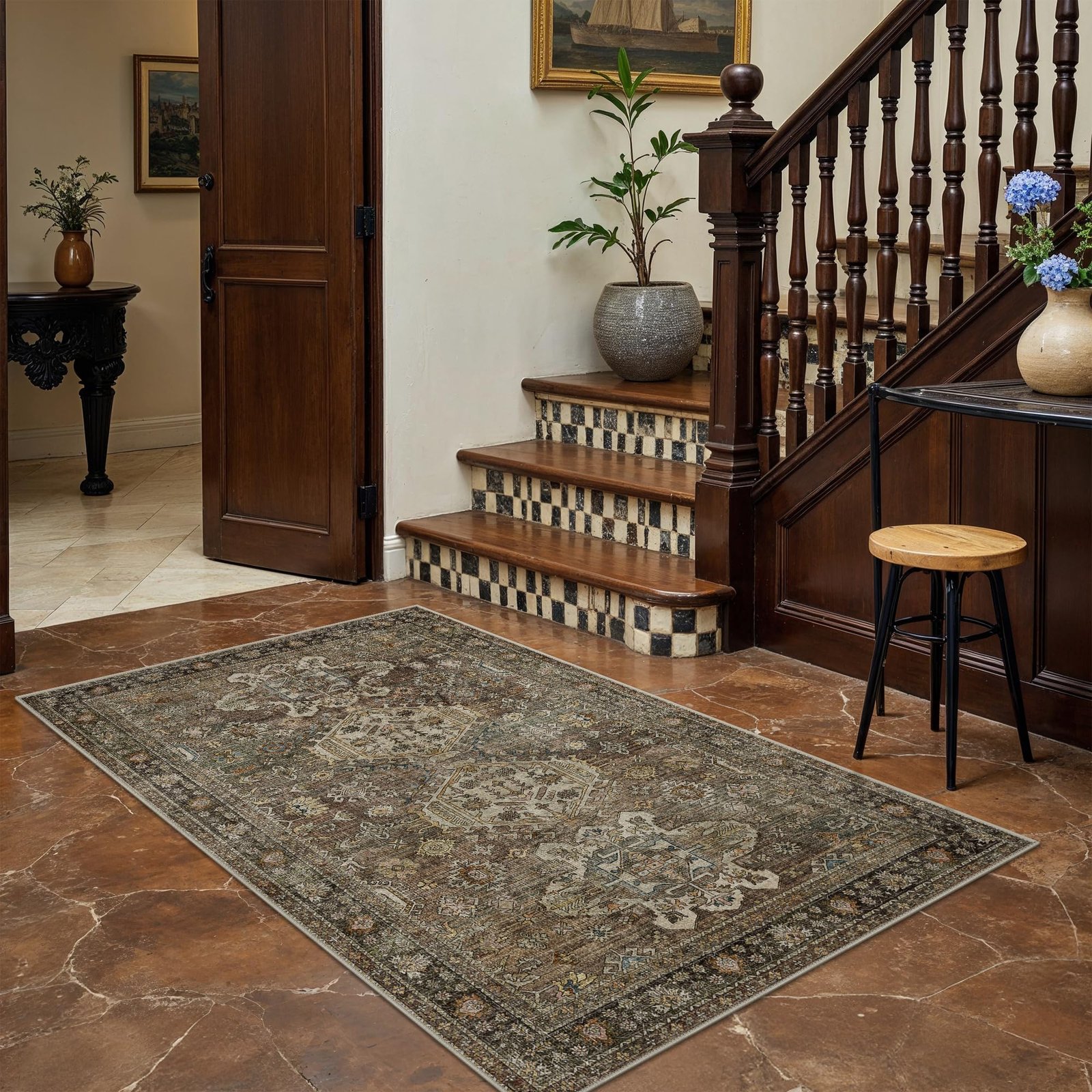 DAIMYO HILLS Washable Runner Rug 2x5, Non Slip Vintage Hallway Runner, Ultra Thin Low Pile Washable Carpet for Kitchen Entryway Bedroom, Brown - Image 188