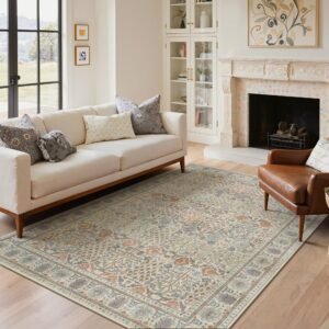 DAIMYO HILLS Washable Rugs 8x10-Machine Washable Rug Lightweight Low Pile, Vintage Floral Rug Non-Shedding Distressed Throw Carpet for Living Room Bedroom Office, Dark Green/Multi