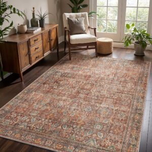5x7 Area Rug Machine Washable Boho Rug for Living Room,Ultra-Thin Low Pile Carpet,Lightweight Printed Rug,Non Slip Floral Area Rug for Bedroom, Dining Room, Home Office,Terracotta/Indigo