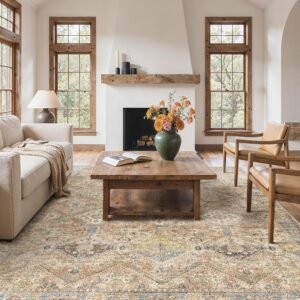 DAIMYO HILLS 9x12 Area Rugs for Living Room, Machine Washable Rug Non Slip, Vintage Chenille Distressed Print Carpet, Large Low Pile Ultra-Thin Lightweight Rugs for Bedroom, Dining Room, Office, Wood Brown