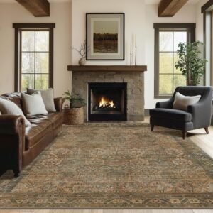 DAIMYO HILLS Area Rug 8x10 Machine Washable Vintage Distressed Print Ultra-Thin Chenille Bedroom Living Room Accent Rug, Low Pile Lightweight Non Slip with Gripper, Sage/Charcoal